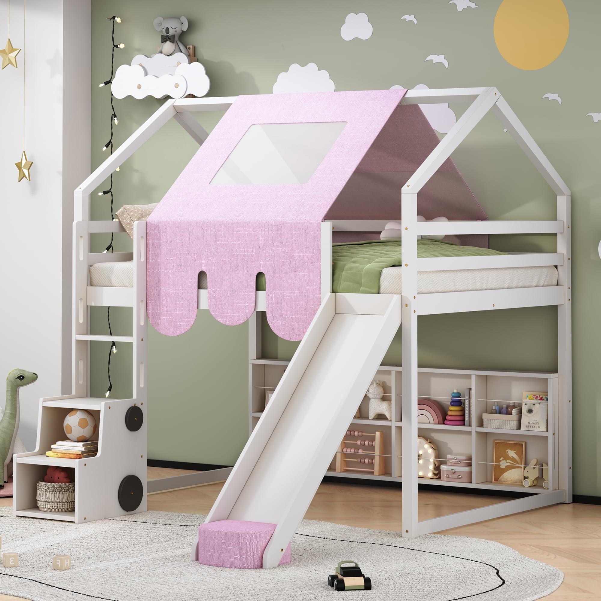 Kumix Full Size Loft Bed with Slide and Tent, House Loft Bed with Car-Shaped Storage and 2 Tier Shelves, Wood Loft Bed with Safety Guardrail & Ladder for Kids Teens Boys Girls, Noise-Free, Pink