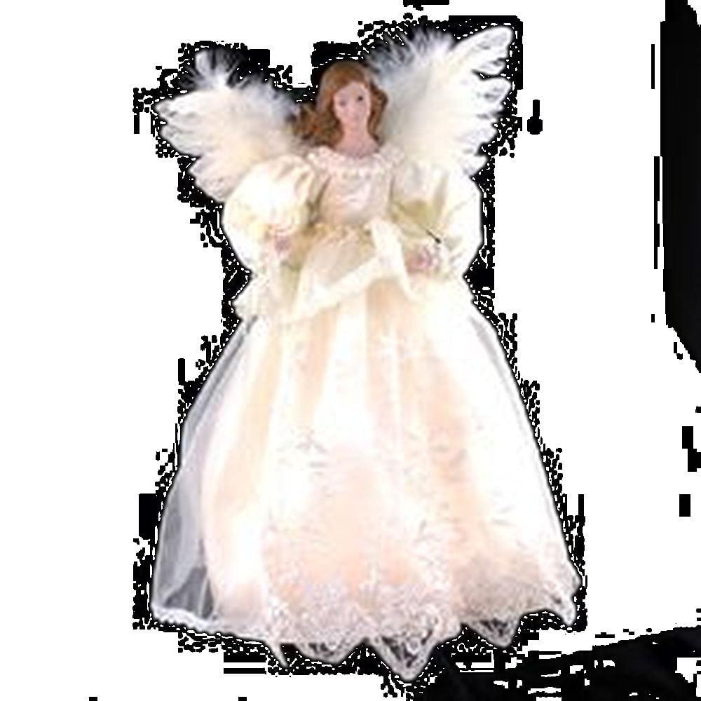 Ivory Angel Tree Topper with Feathery Wings and Lace Dress