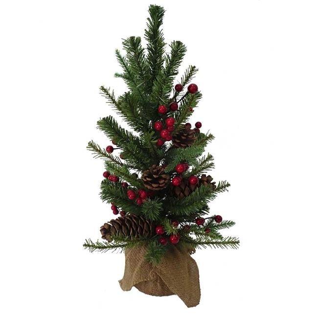 Festive 18" Miniature Green Christmas Tree with Red Berries & Burlap Base