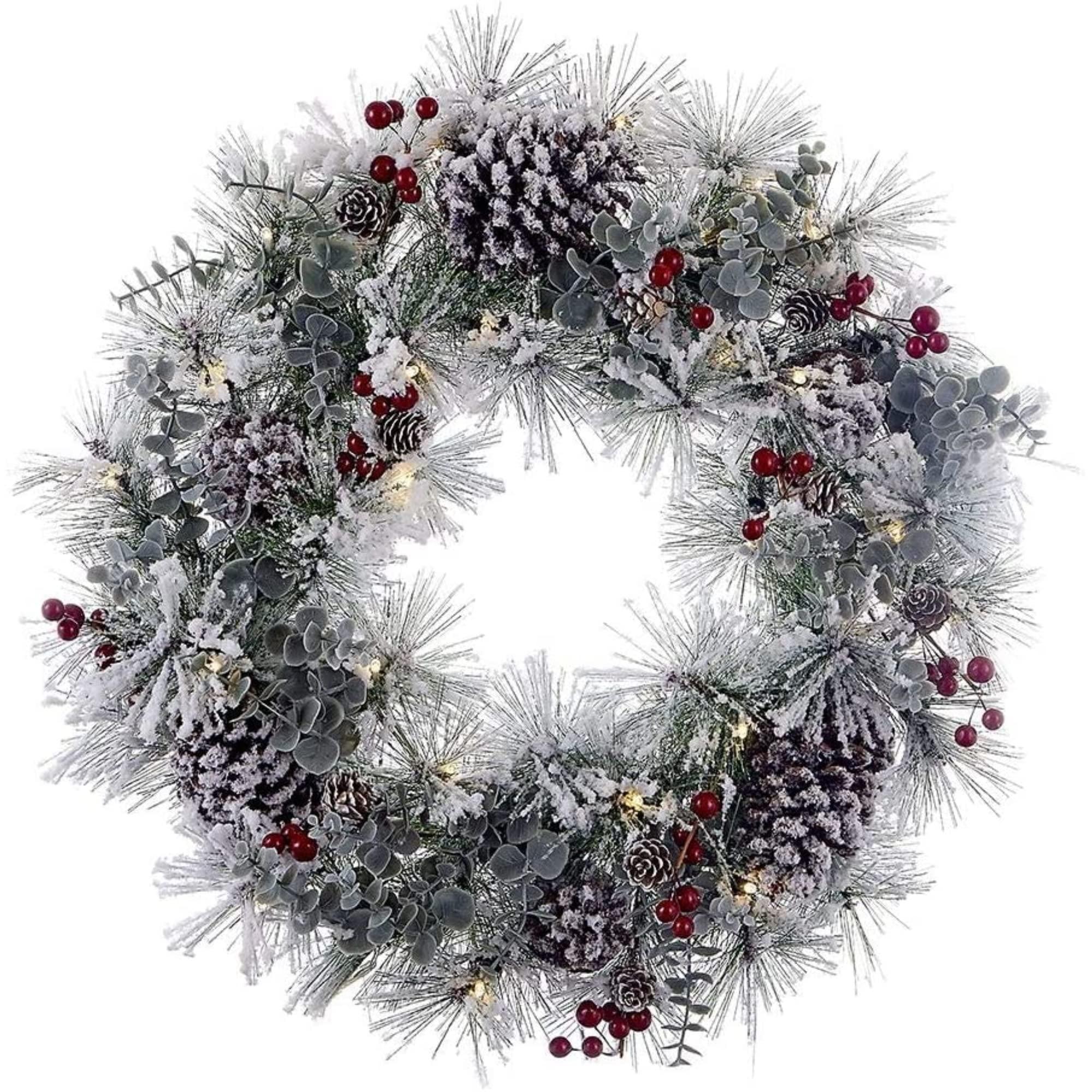 24-Inch Pre-Lit Eucalyptus Pinecone Christmas Wreath with LED Lights