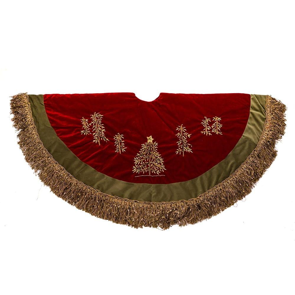 Kurt Adler 50" Burgundy Ribbon Trees Tree skirt with Green Tassel Border