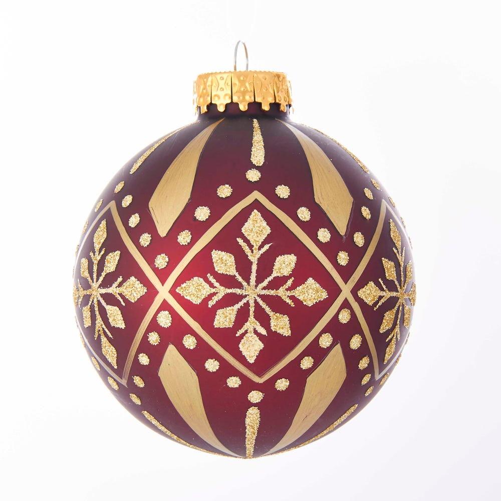 Burgundy and Gold Patterned Glass Christmas Ornaments, 6-Piece Set