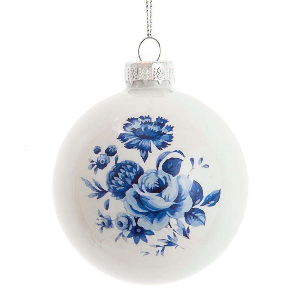 Delft Blue Floral Glass Ball Christmas Ornaments, Set of 6