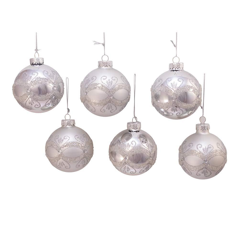 Silver Glitter and Sequins Glass Ball Christmas Ornaments, Set of 6