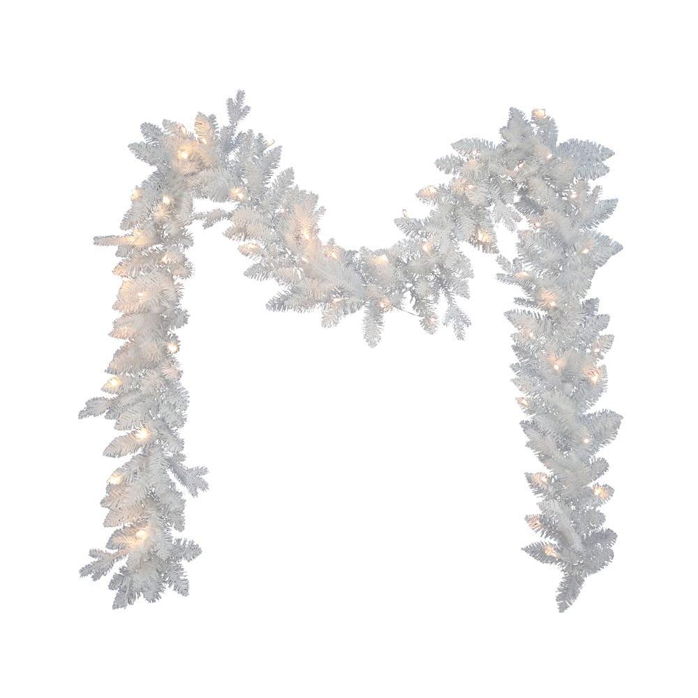 Snowy White Pine 9-Foot Pre-Lit Outdoor Garland with Warm LED Lights
