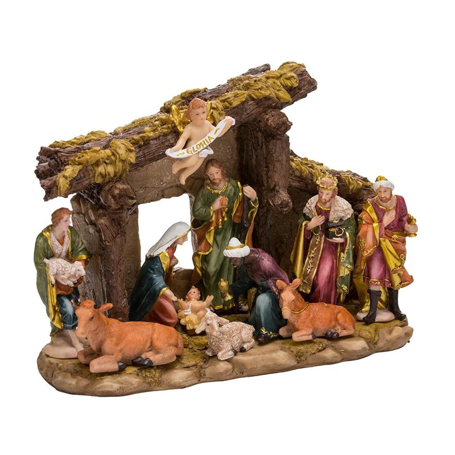 Kurt Adler Resin Nativity Set with Figures and Stable - 11-Piece Set