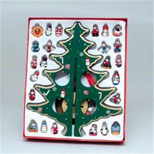 11.75'' Green Wooden Christmas Tree with Mini Ornaments Set