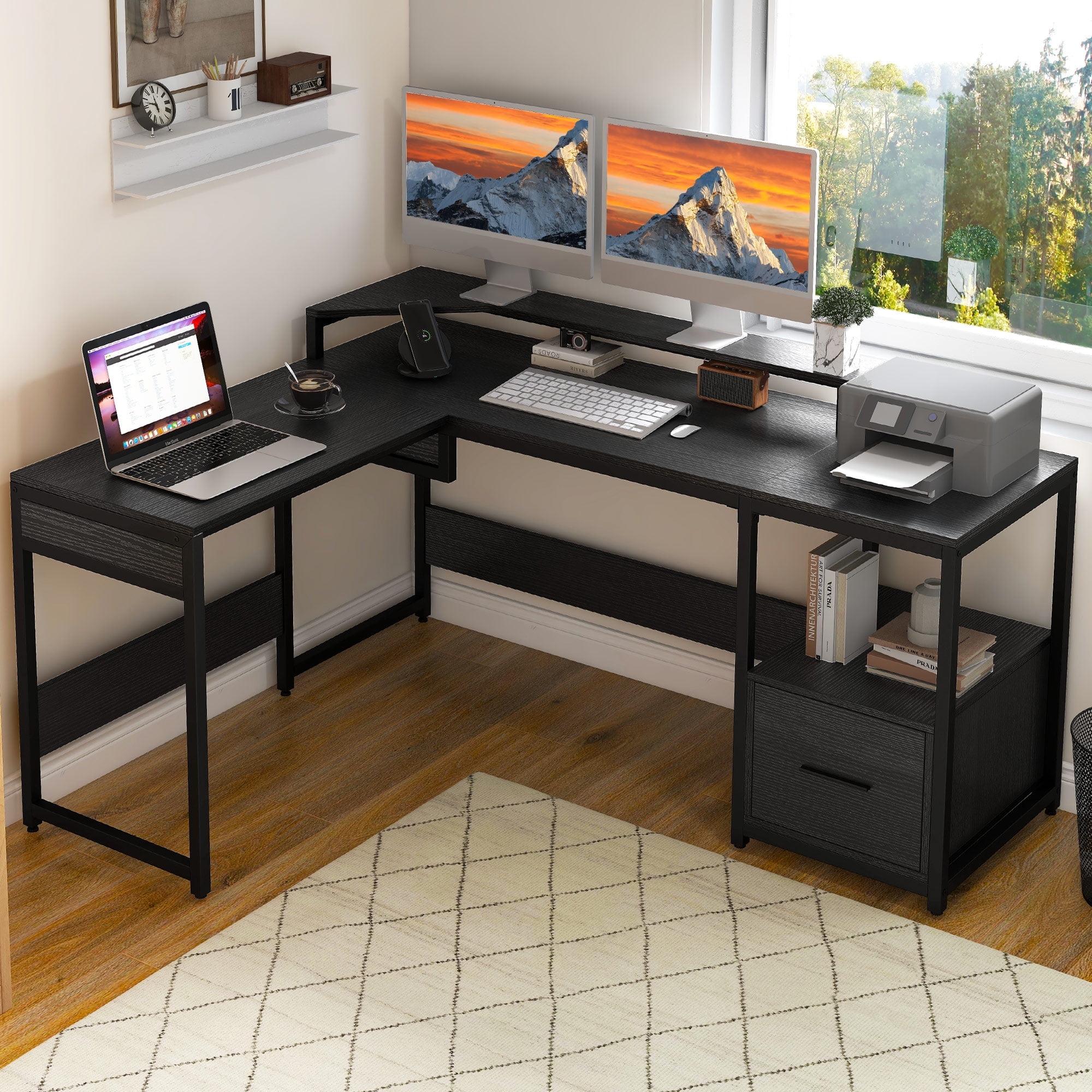 L Shaped Computer Desk with File Drawer, 65" L Shaped Desk with Monitor Stand, Height Adjustable Standing Desk , Black