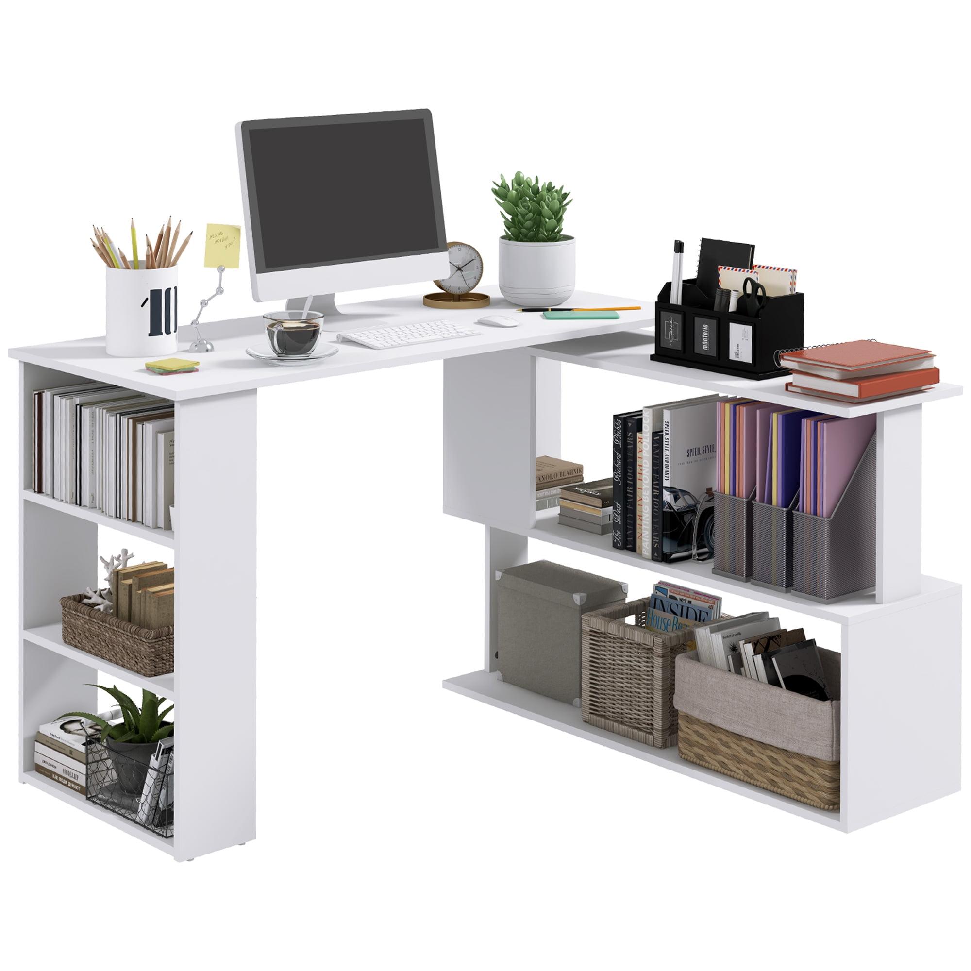 White Wood L-Shaped Rotating Corner Desk with Shelves