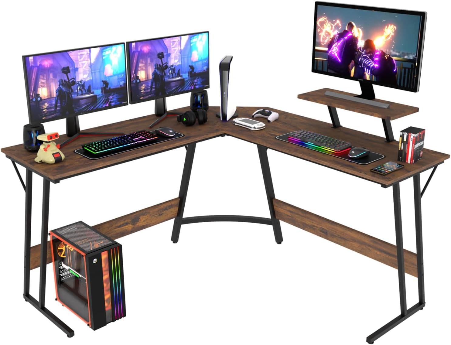 FDW L Shaped Desk Corner Gaming Desk Computer Desk with Large Desktop Studying and Working and Gaming for Home and Work Place,Brown