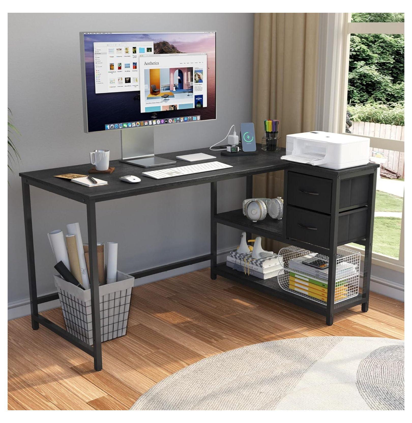 L-Shaped Desk with Drawers - 55 in Reversible Black Office Desk for Home Office, Computer Desk with Storage for Bedroom, L-Shaped Computer Desk with USB Ports and Bookshelf