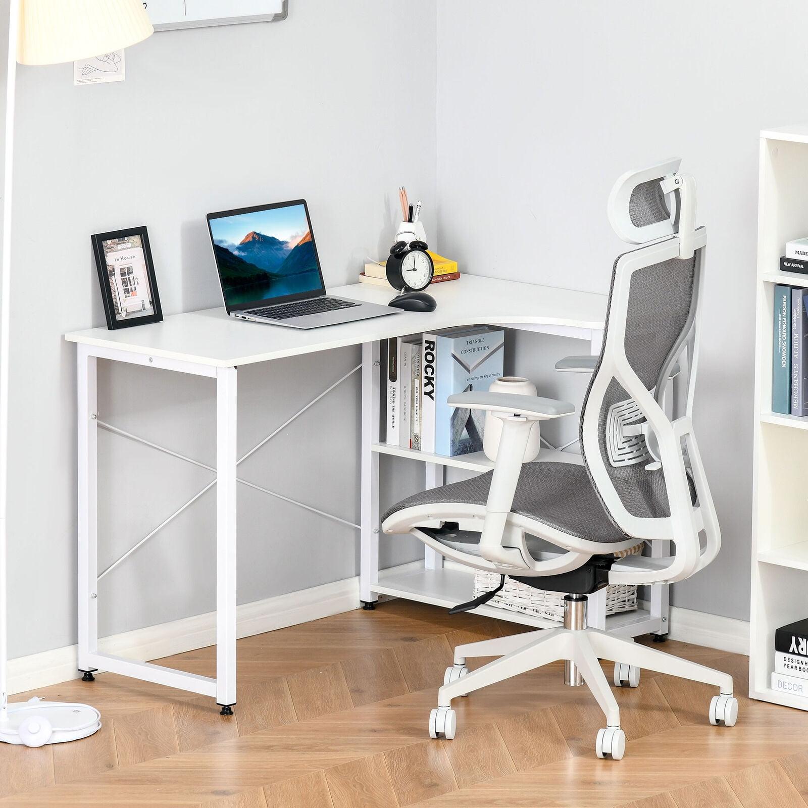 HOMCOM L-Shaped Computer Desk Home Office Corner Desk Study Workstation Table with with Wide Desktop, 2 Side Shelves, Steel Frame