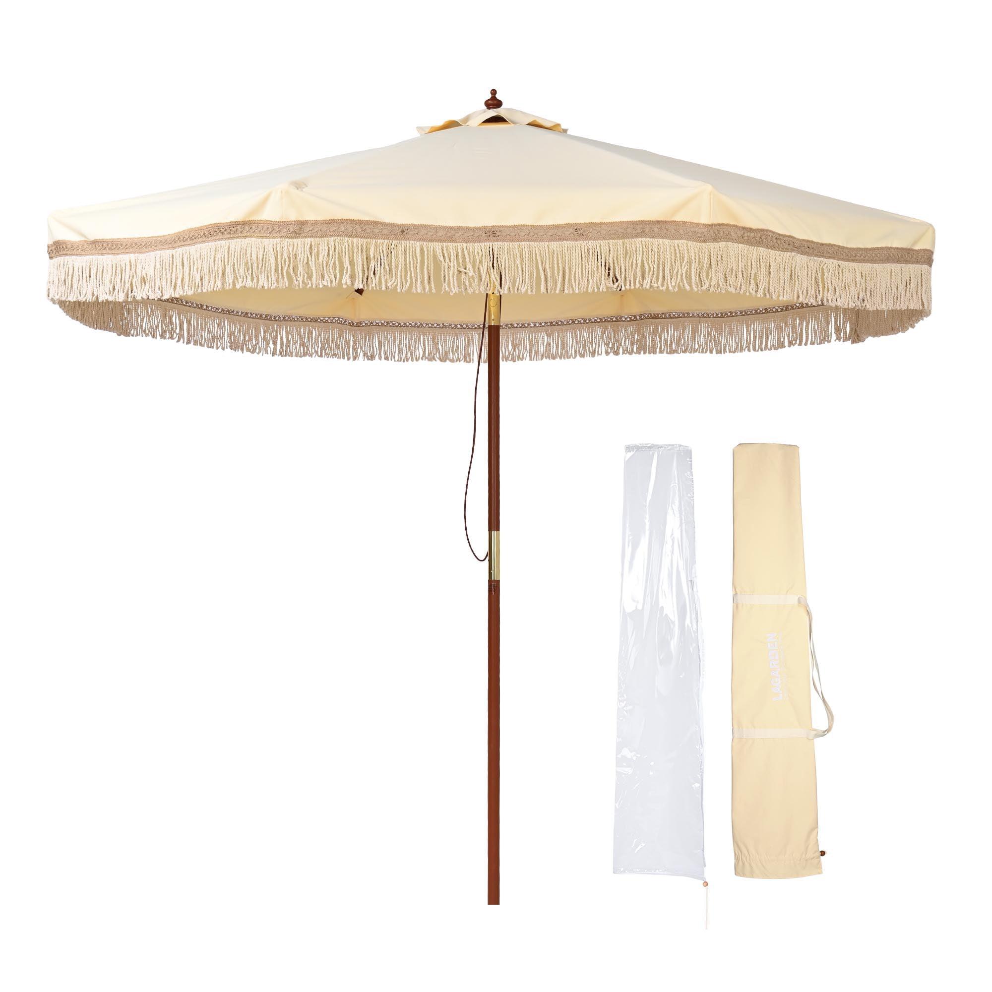 LAGarden BOHO 9' Fringe Patio Umbrella with Tassels UPF50+ Boho Style 5-Year-Non-Fading for Outdoor Yard Market Butter Twisted Root beige