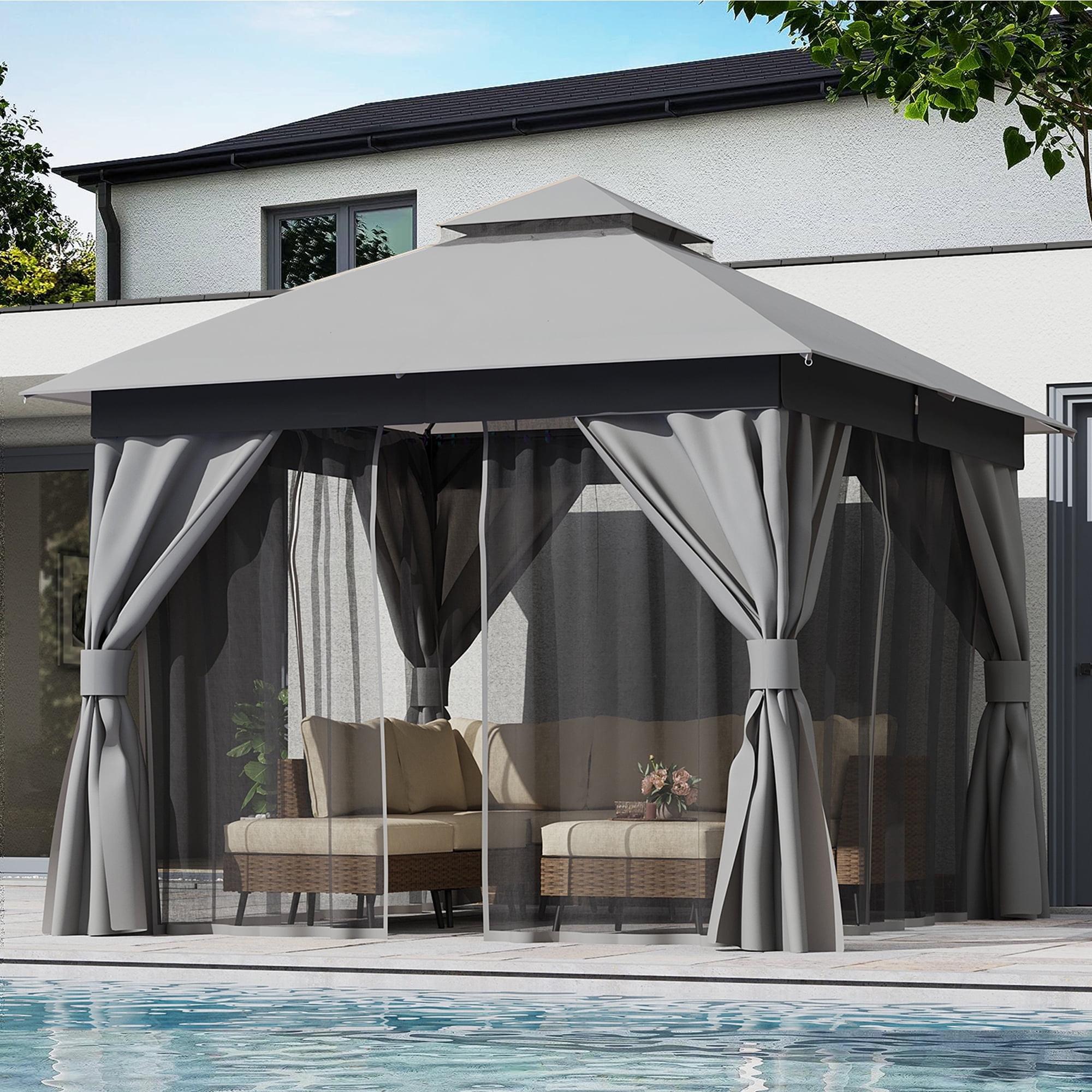 Gray 10'x10' Steel Patio Gazebo with Double Roof and Mosquito Netting