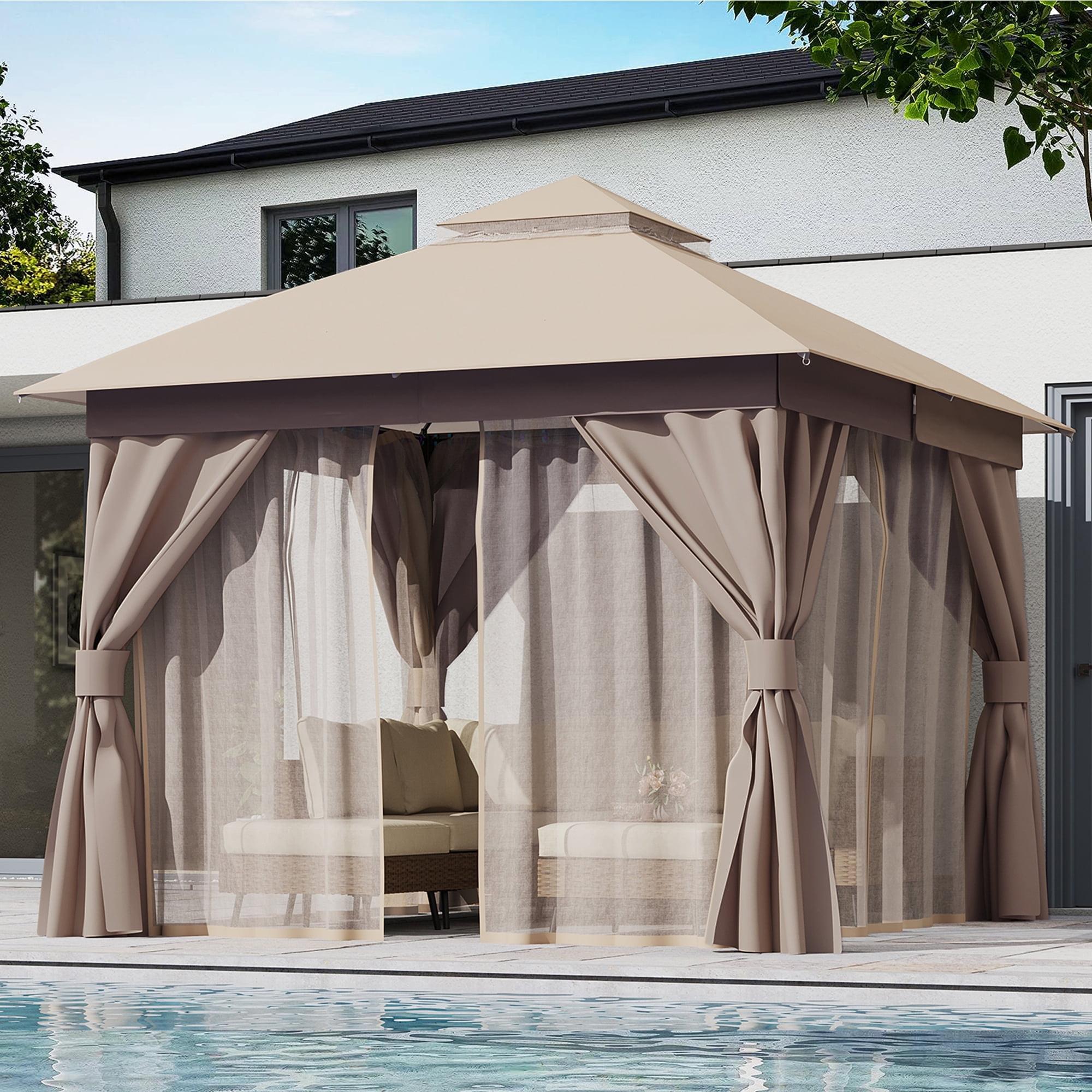 Khaki 10'x10' Steel Patio Gazebo with Double Roof and Mosquito Netting