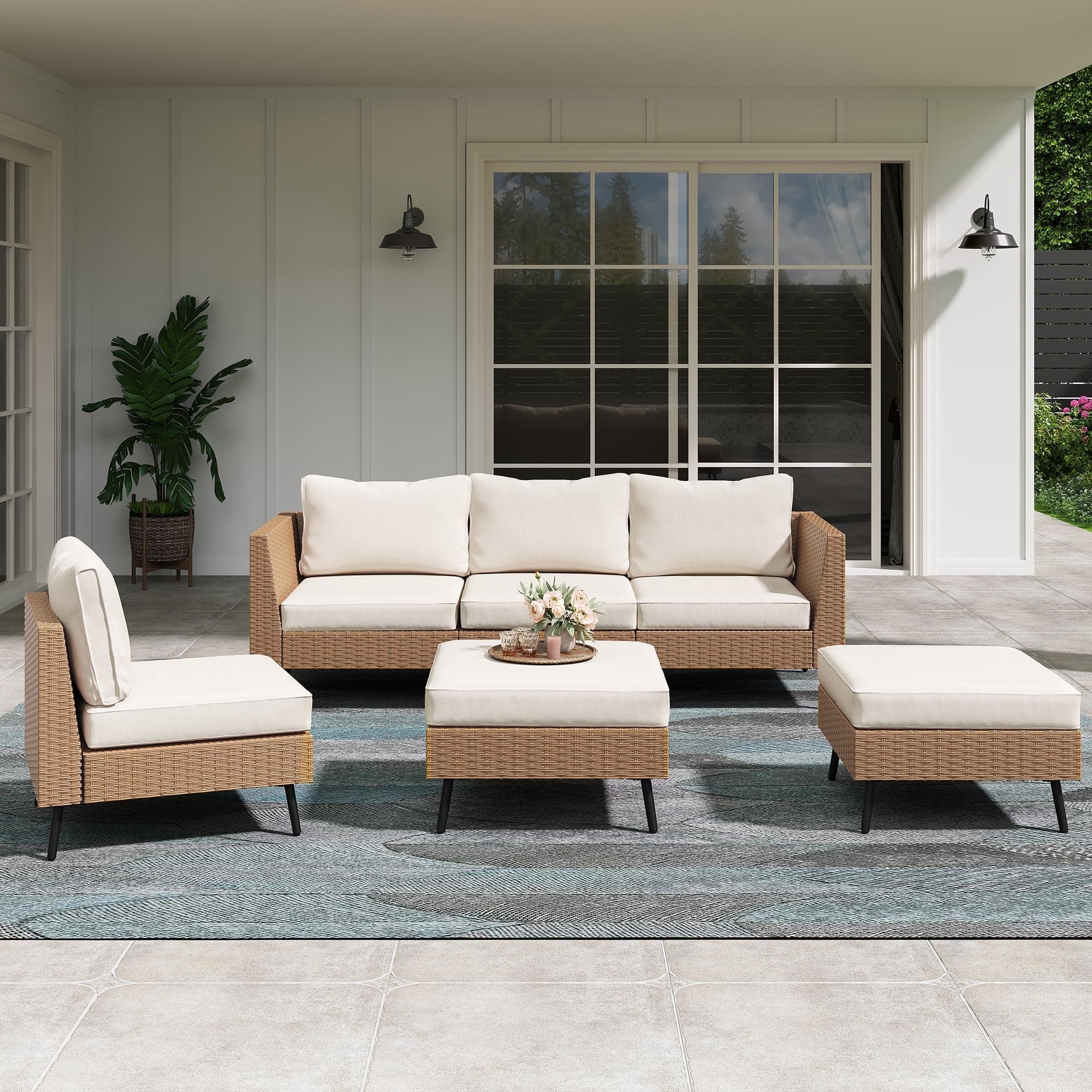 Beige 6-Piece Steel Frame Patio Furniture Set with Cushions