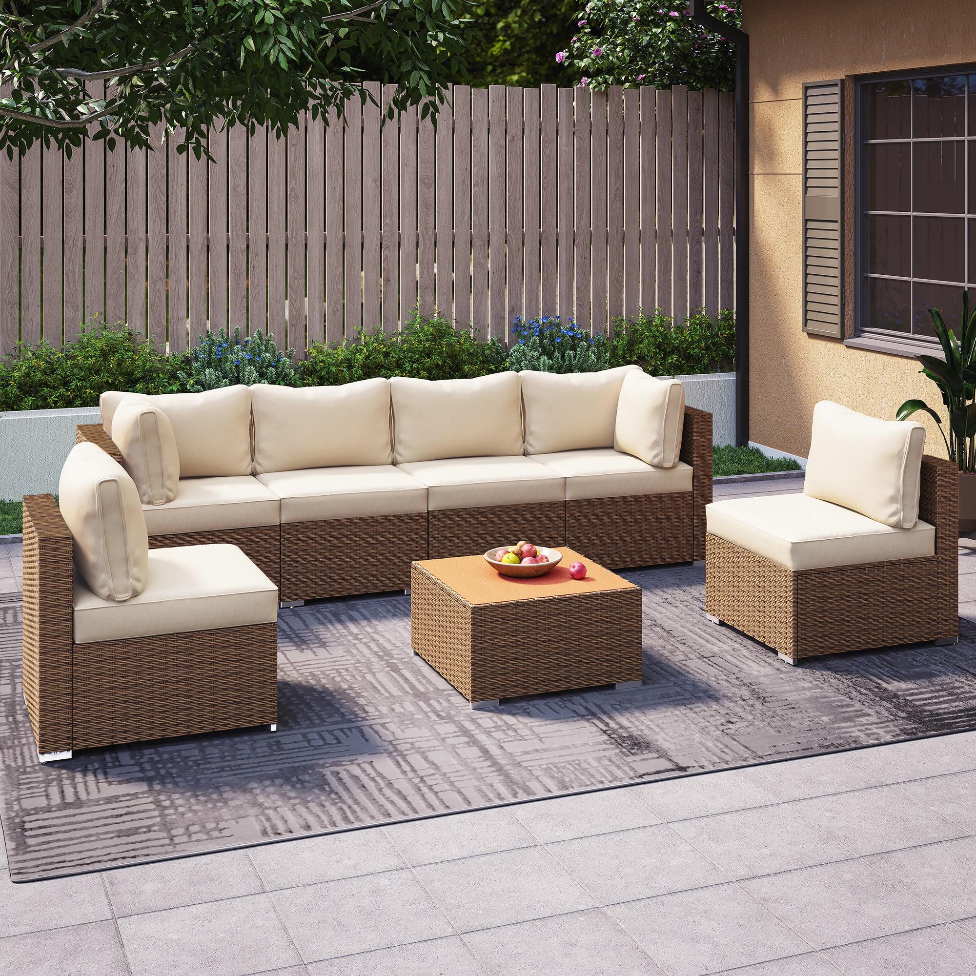 Beige Cushioned 7-Piece Brown Wicker Outdoor Sectional Set