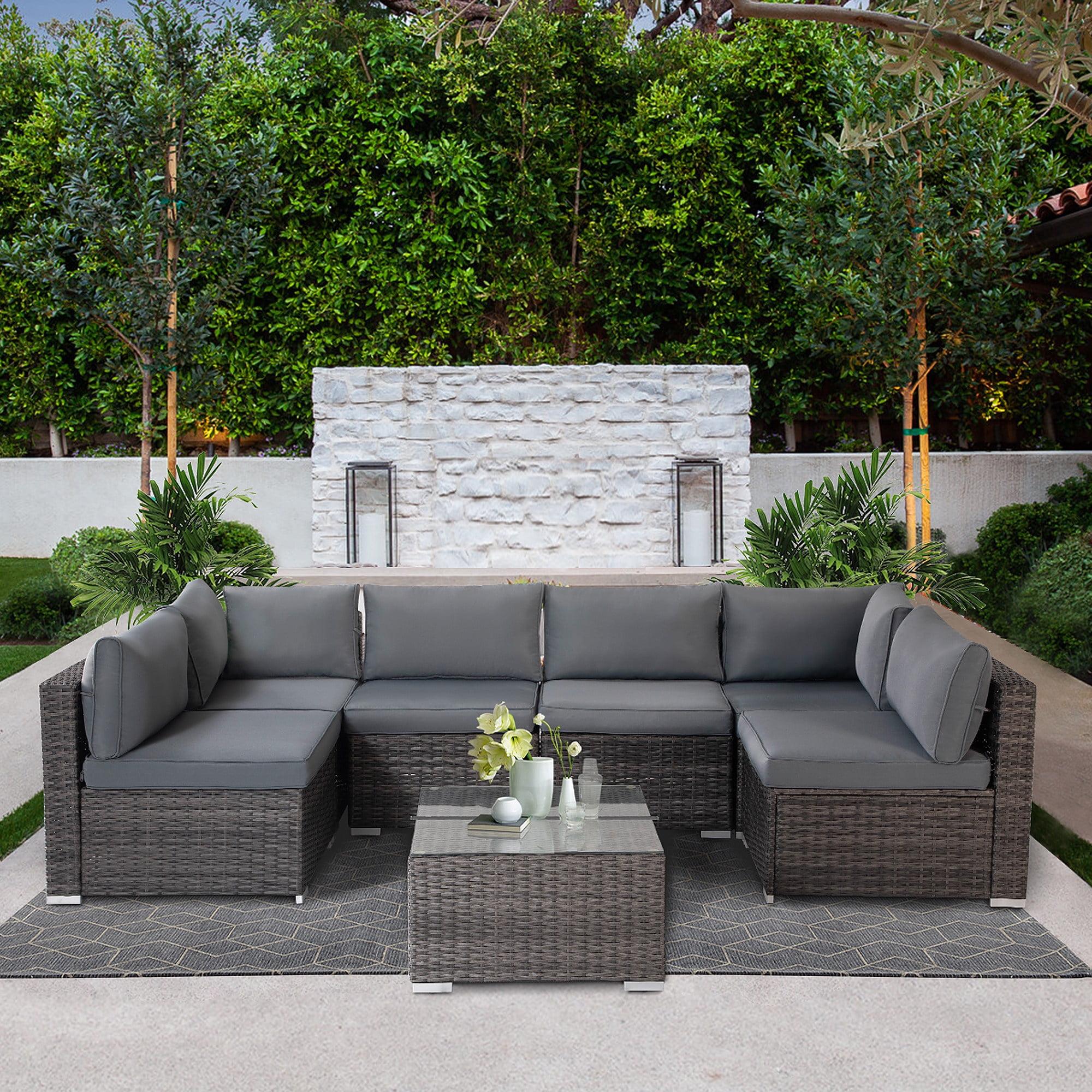 Gray 7-Piece Wicker Outdoor Sectional Set with Cushions