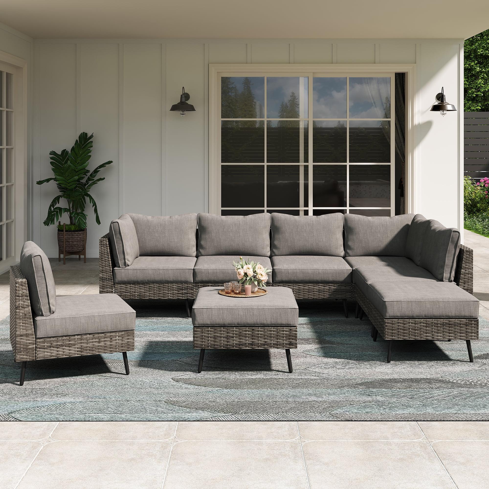 Gray 8-Piece Steel Frame Outdoor Sectional Sofa Set