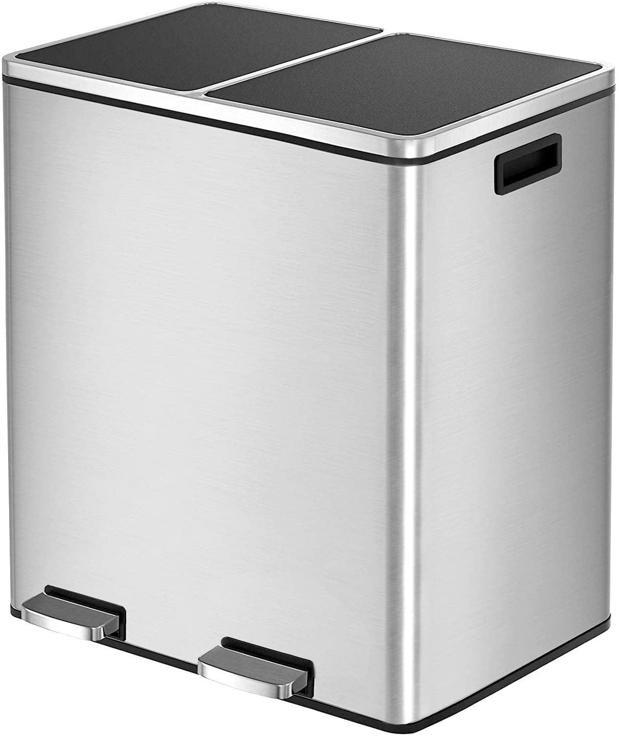 60L Dual Trash Can Stainless Steel Step On Garbage Can Recycling Bin with Lid