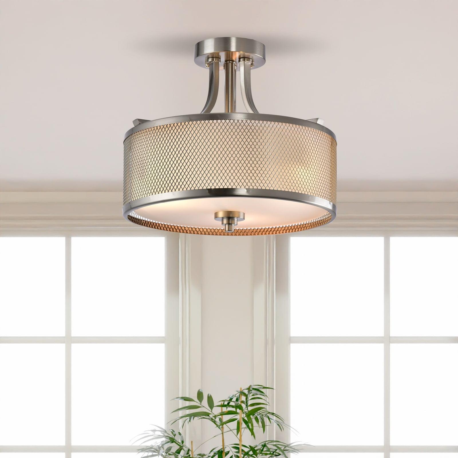 Satin Nickel 3-Light Drum Semi-Flush Mount Ceiling Light with Frosted Glass