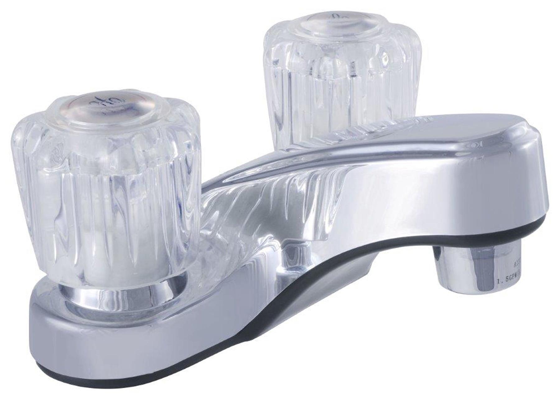 Chrome Low Arc Double Handle Bathroom Faucet with Acrylic Knobs