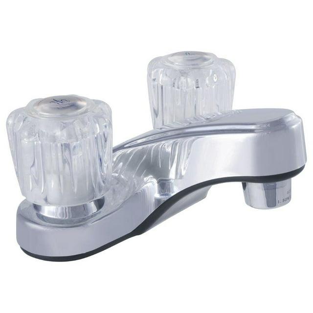 Chrome Low Arc Double Handle Bathroom Faucet with Acrylic Knobs