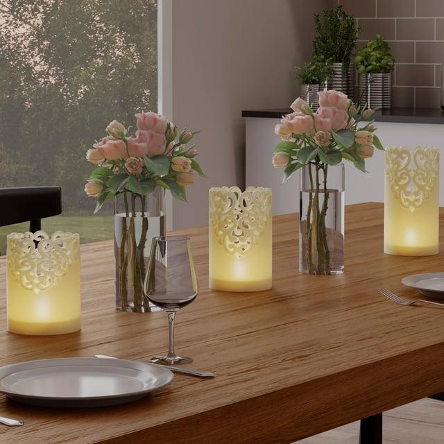 LED Candles with Remote Control – Set of 6 Realistic Flameless Pillar Lights with Lace Details and Vanilla Scented Wax – Home Decor by Lavish Home