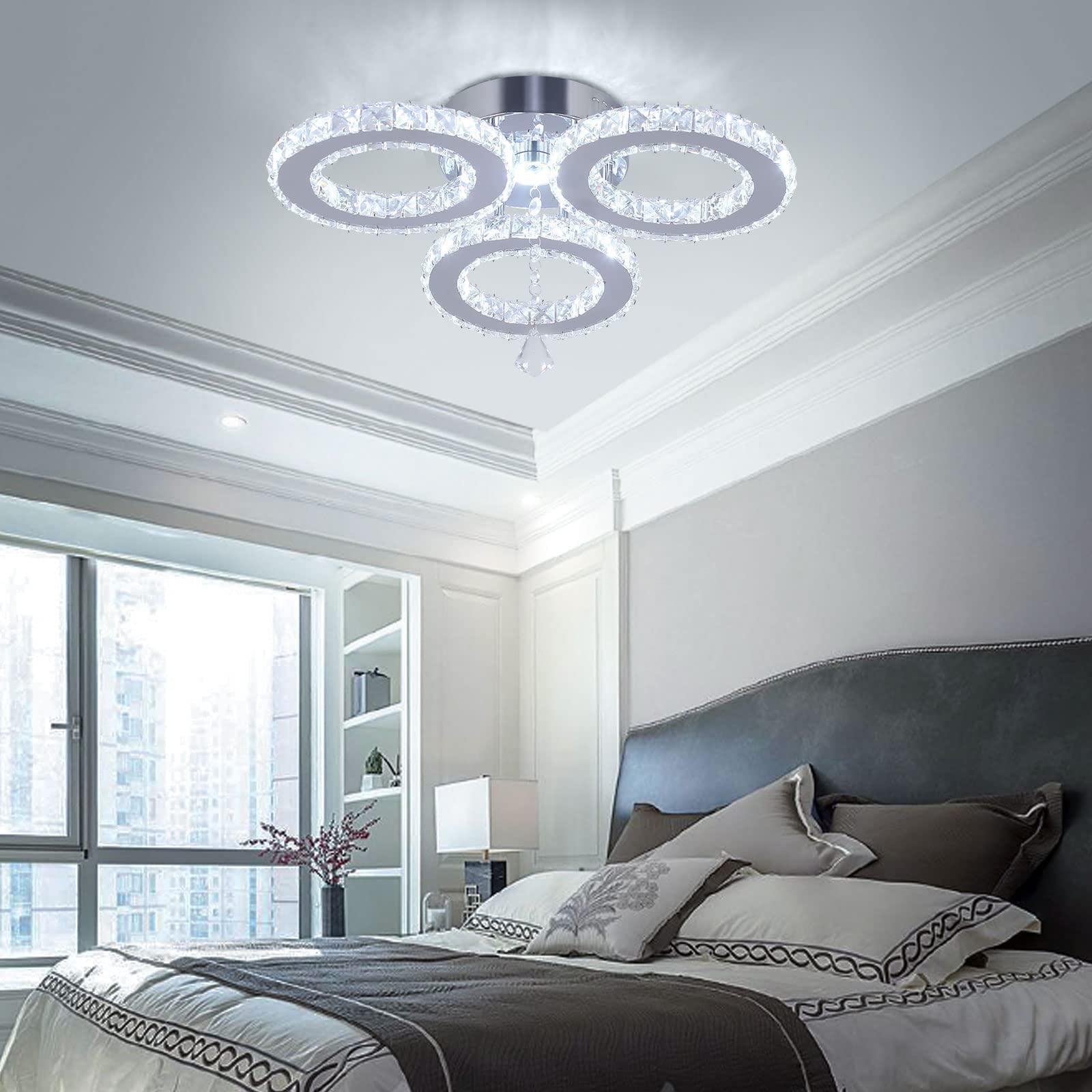LED Crystal Pendant Ceiling Light 13x3.5 Inches 3 Rings Crystal Chandelier Flush Mount Lighting Fixture for Bedroom Hobby Living Room (Cool White)