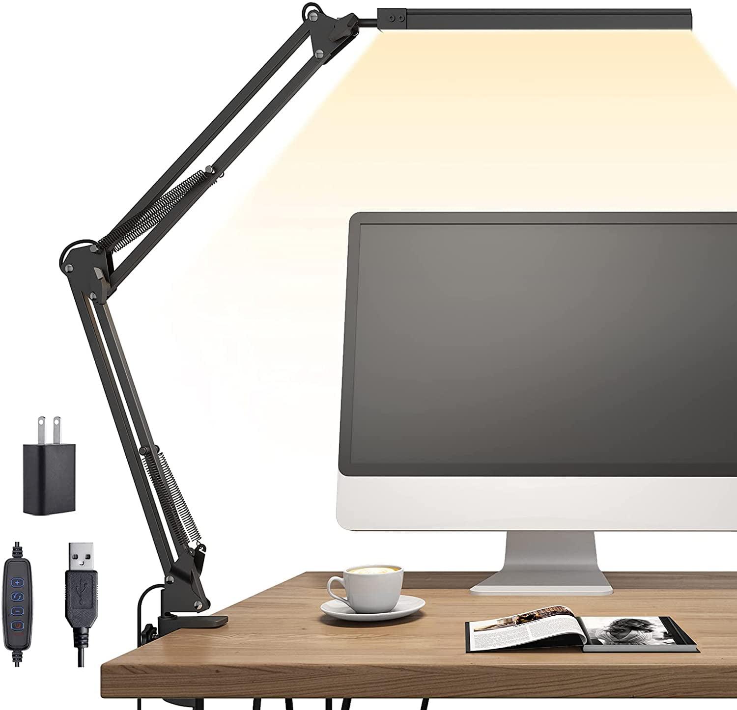 LED Desk Lamp, Swing arm Desk Light with clamp, 3 Lighting 10 Brightness Eye-Caring Modes, Reading Desk Lamps for Home Office 360 Degree Spin with USB Adapter & Memory Function black-14W