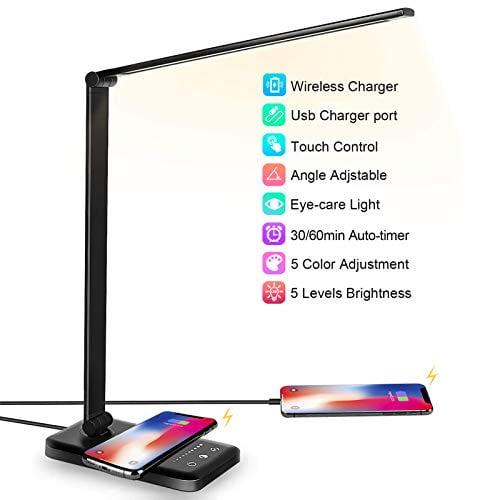 LED Desk Lamp with Wireless Charger, USB Charging Port, Desk Lighting with 5 Brightness Level,5 Lighting Modes, Dimmable Eye-Caring Reading Desk Light for Home, Office Lights,Touch Control,Auto Timer