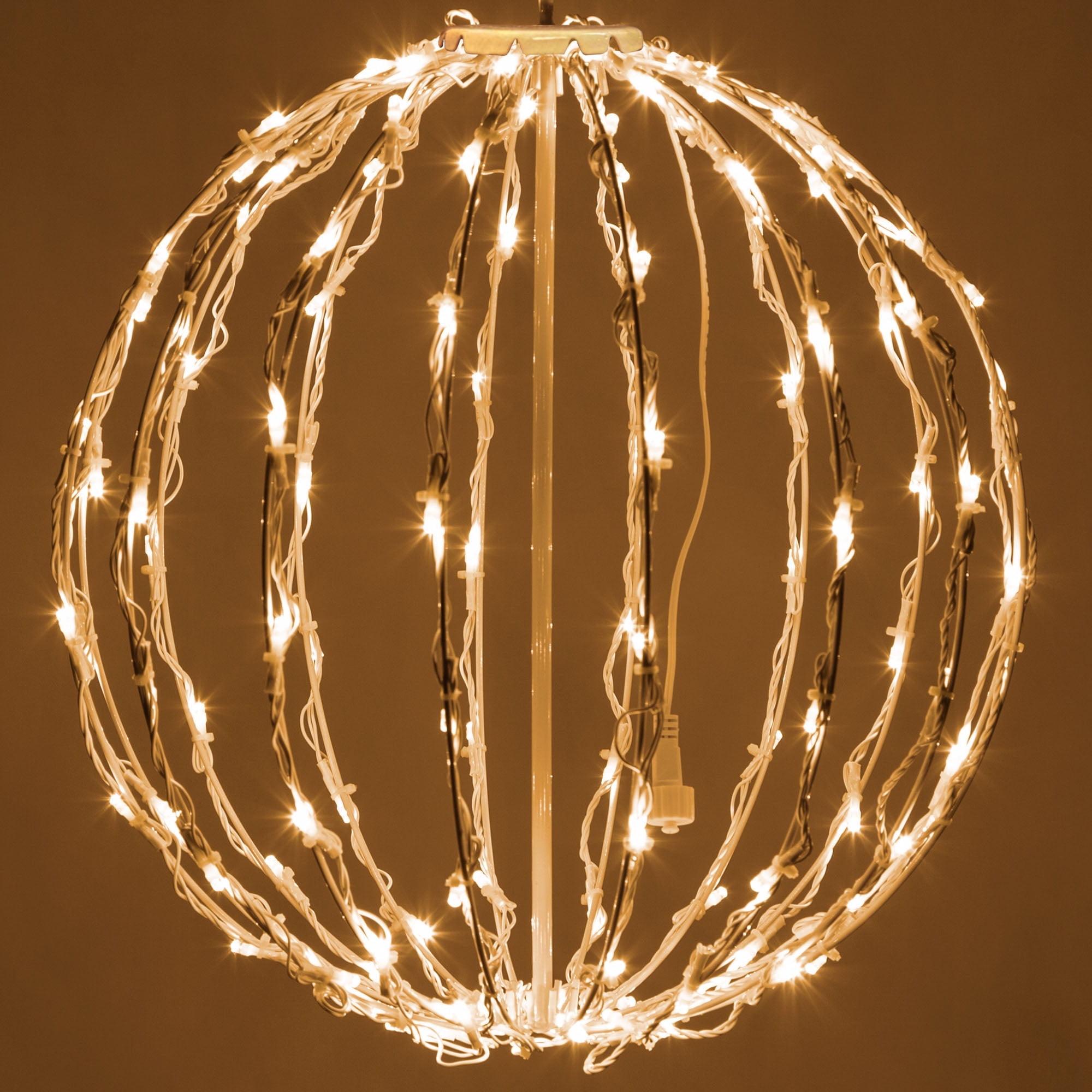 LED Light Ball - Indoor/Outdoor Christmas Light Balls, Light Spheres Outdoor/Sphere Light Fold Flat Metal Frame (16", White Frame/Warm White Lights)