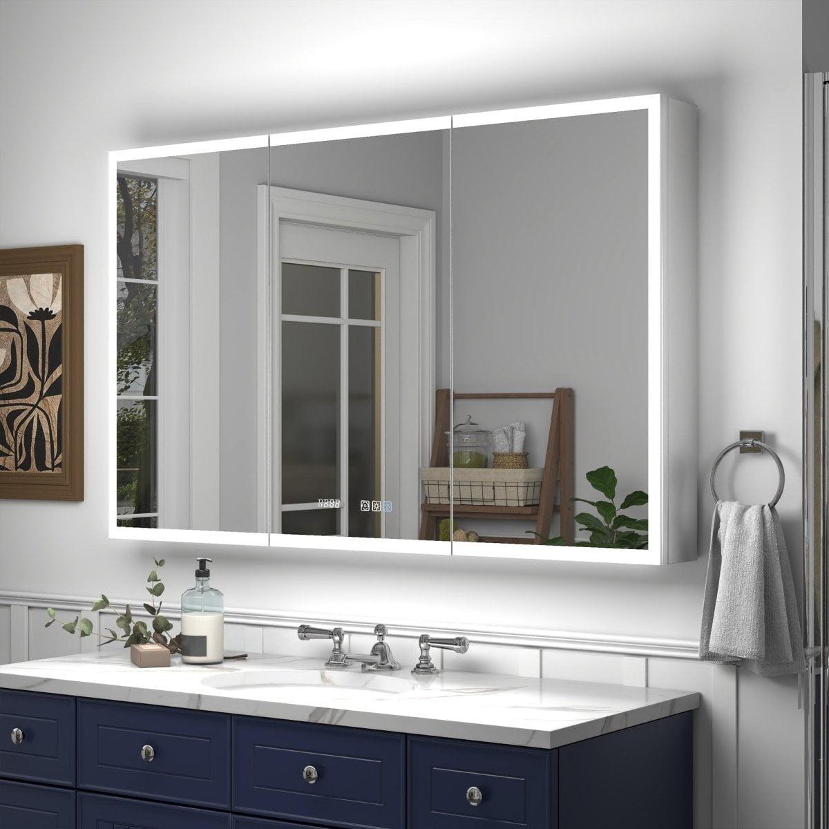 LED Lighted Medicine Cabinet 48x30 Recessed Surface Mount Clock Mirrors, 48"W x 30"H