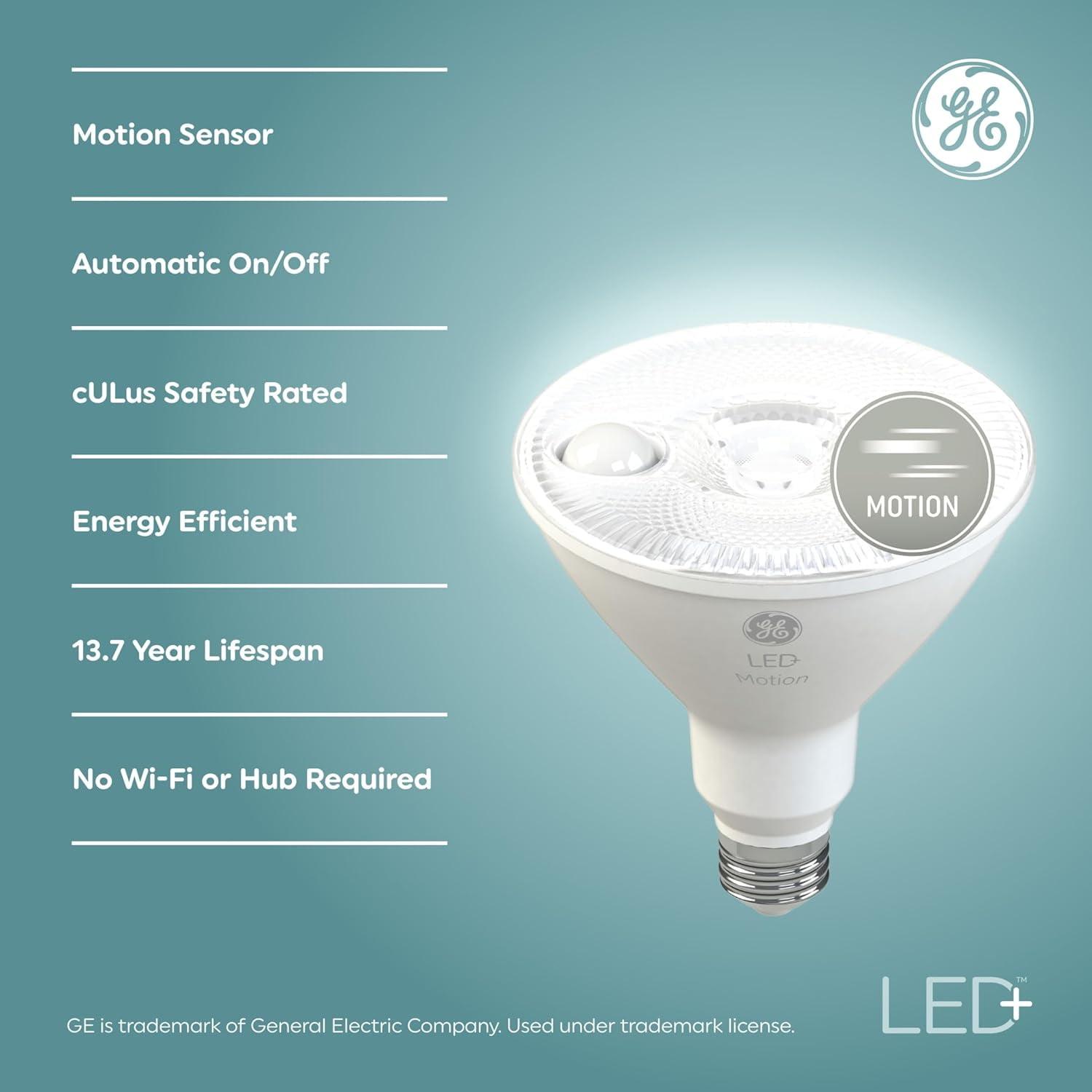 (2 pack) GE LED+ Motion LED Light Bulbs, 15 Watt, Security Light, PAR38, Medium Base