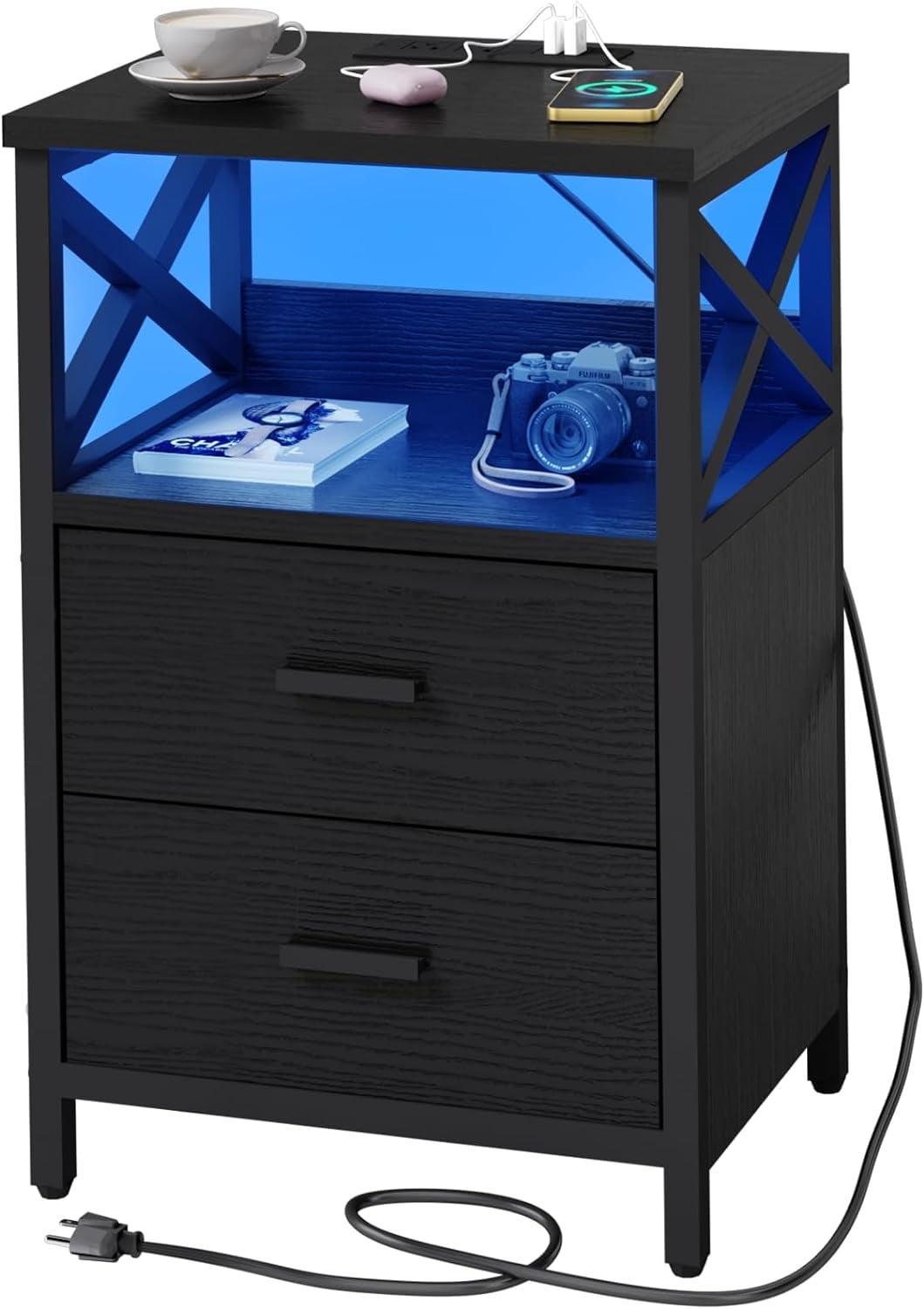 Black LED Nightstand with Charging Station and Fabric-Wood Drawers