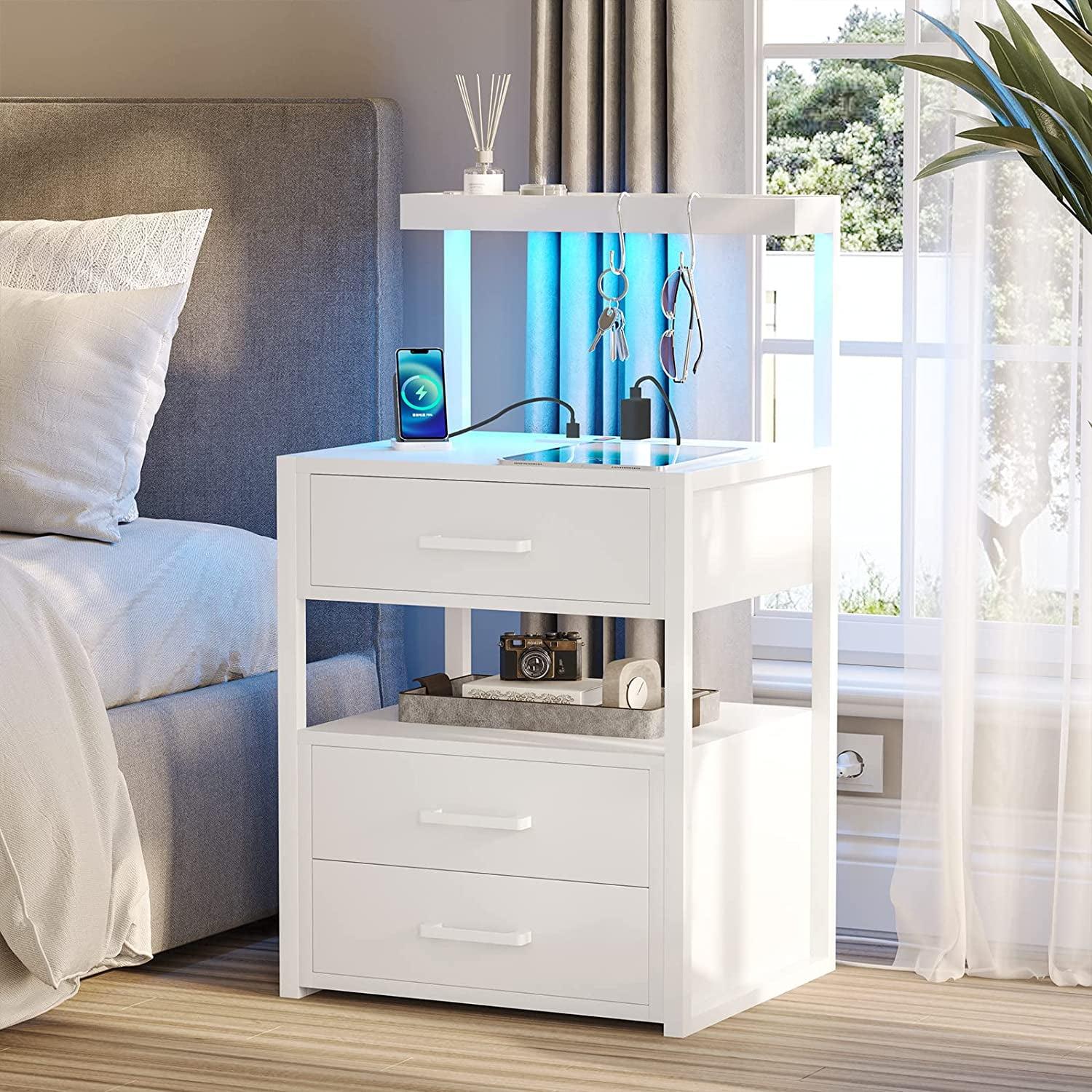 White Modern 3-Drawer Nightstand with LED Lights and Charging Station