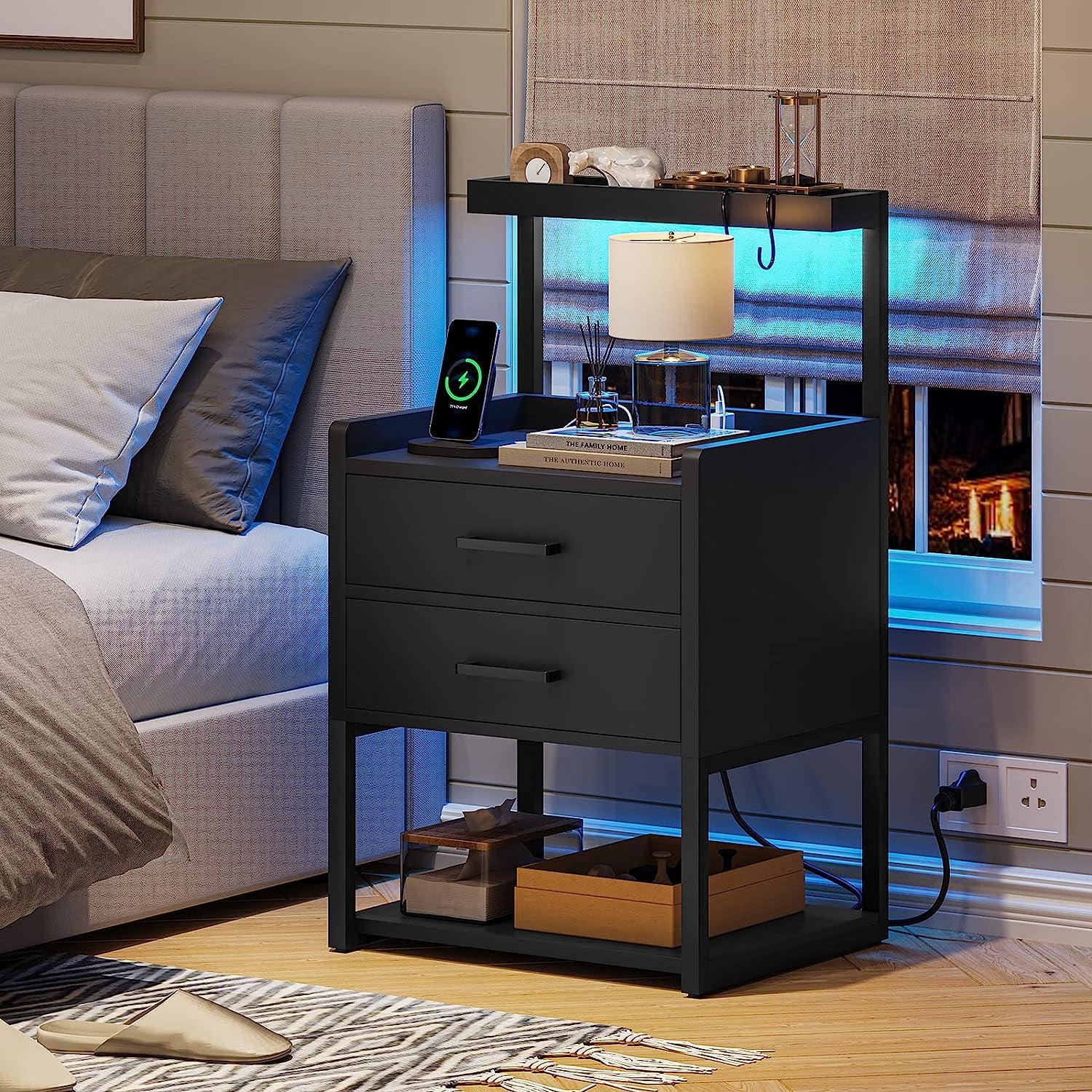 Black LED Nightstand with Charging Station and Storage Shelves