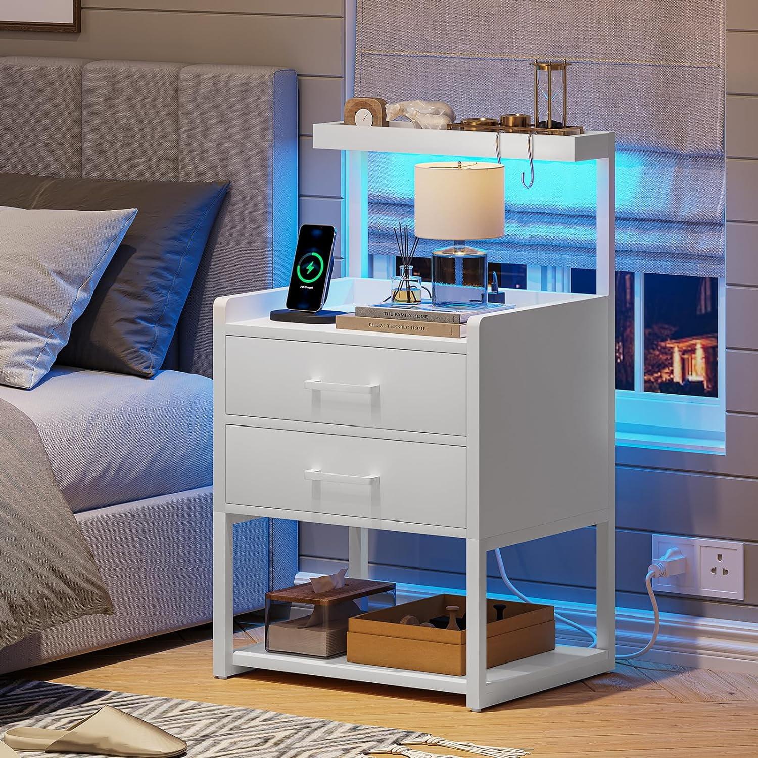 White LED Nightstand with Charging Station and Storage Shelves