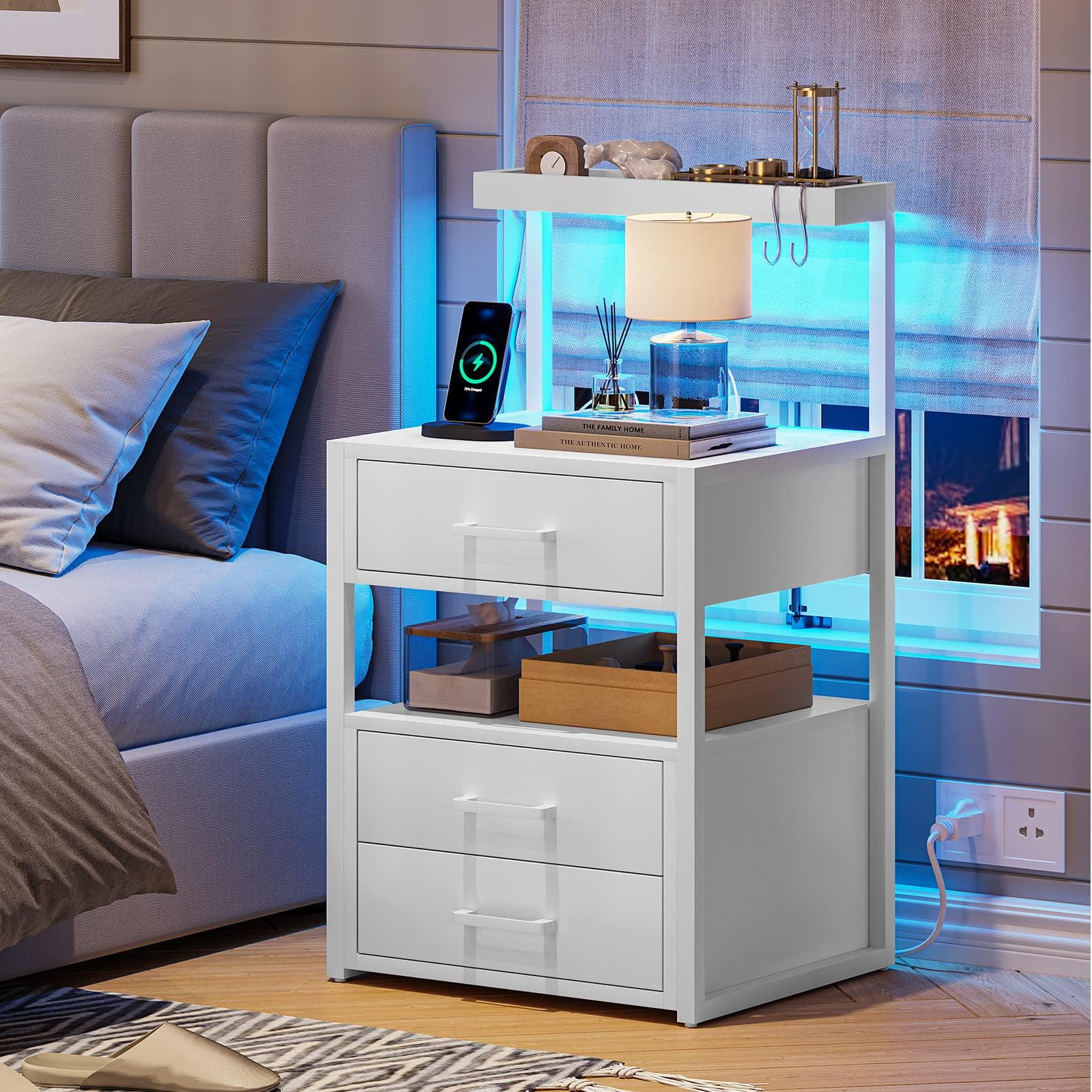 White Modern 3-Drawer Nightstand with LED Lights and Charging Station