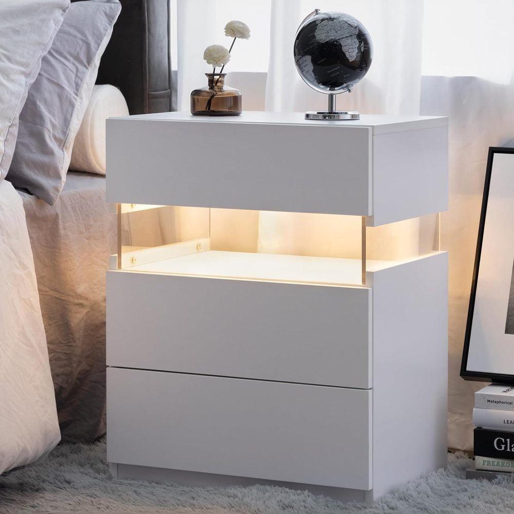 White 3-Drawer LED Nightstand with Acrylic Panels