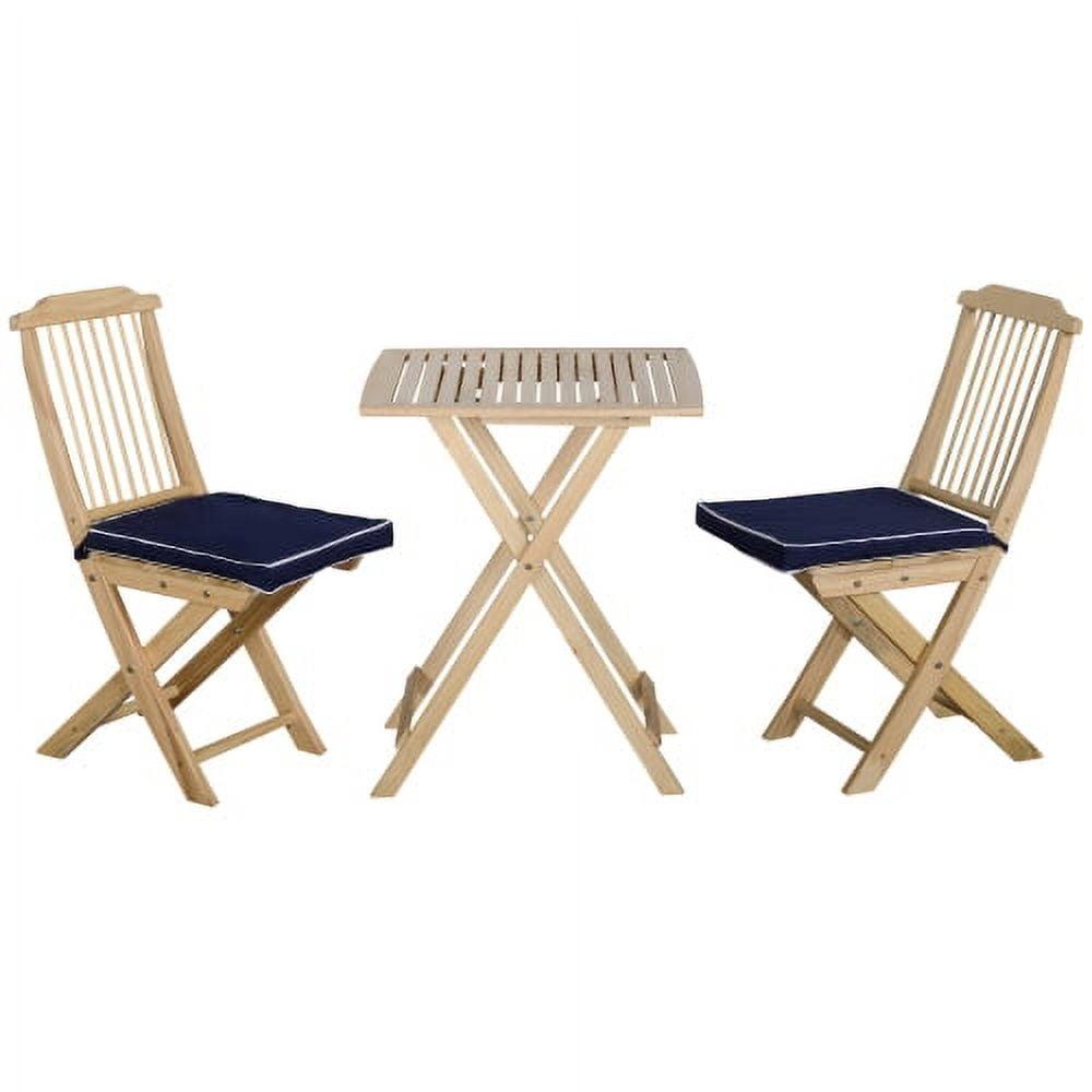 Dark Blue Pine Wood Folding Patio Bistro Set with Cushions