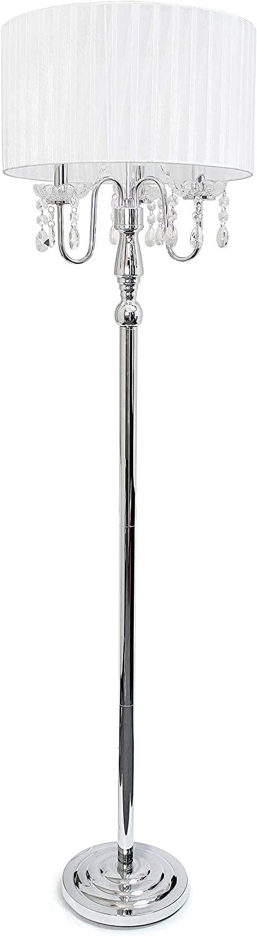 Elegant White Chrome Floor Lamp with Sheer Shade and Hanging Crystals