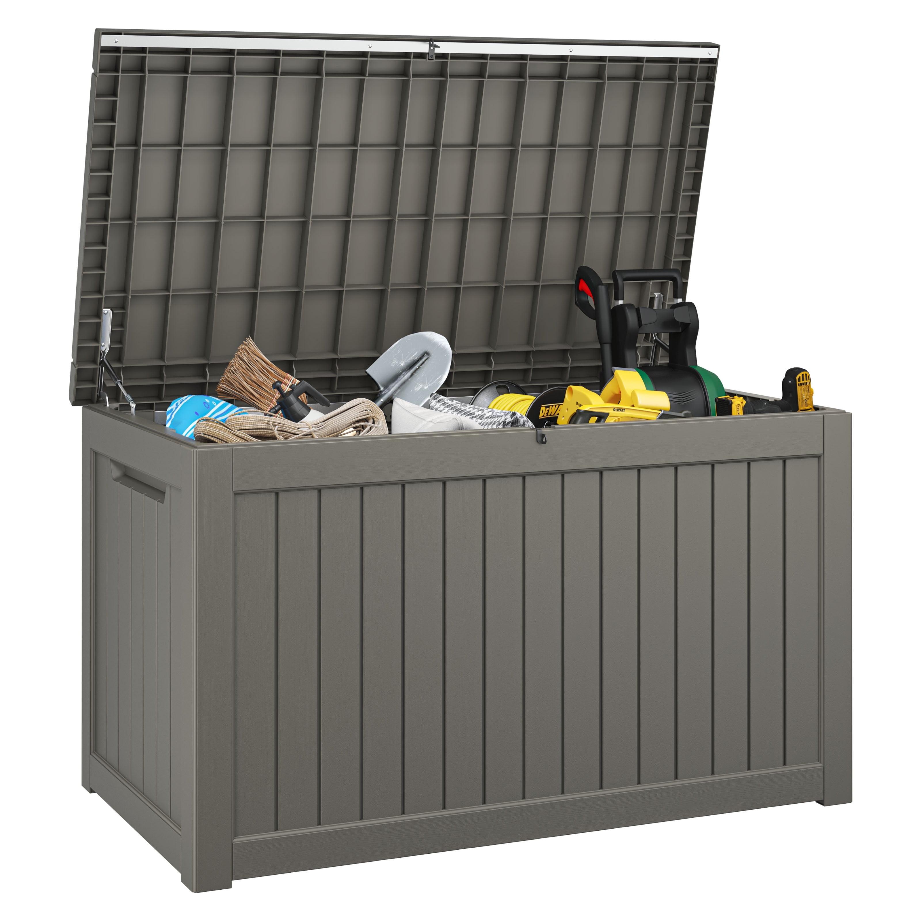 East Oak 230 gal Waterproof Resin Deck Box Gray: Weather-Resistant with Hydraulic Lid & Zinc Alloy Lock