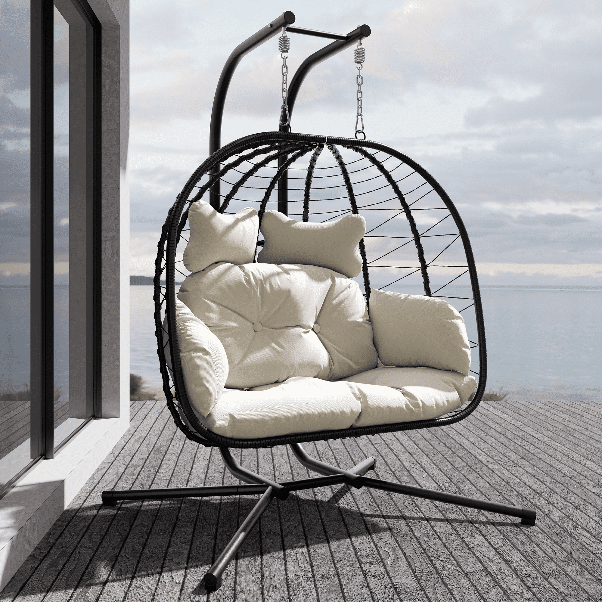 Black and Beige Double Wicker Hanging Egg Chair with Cushions