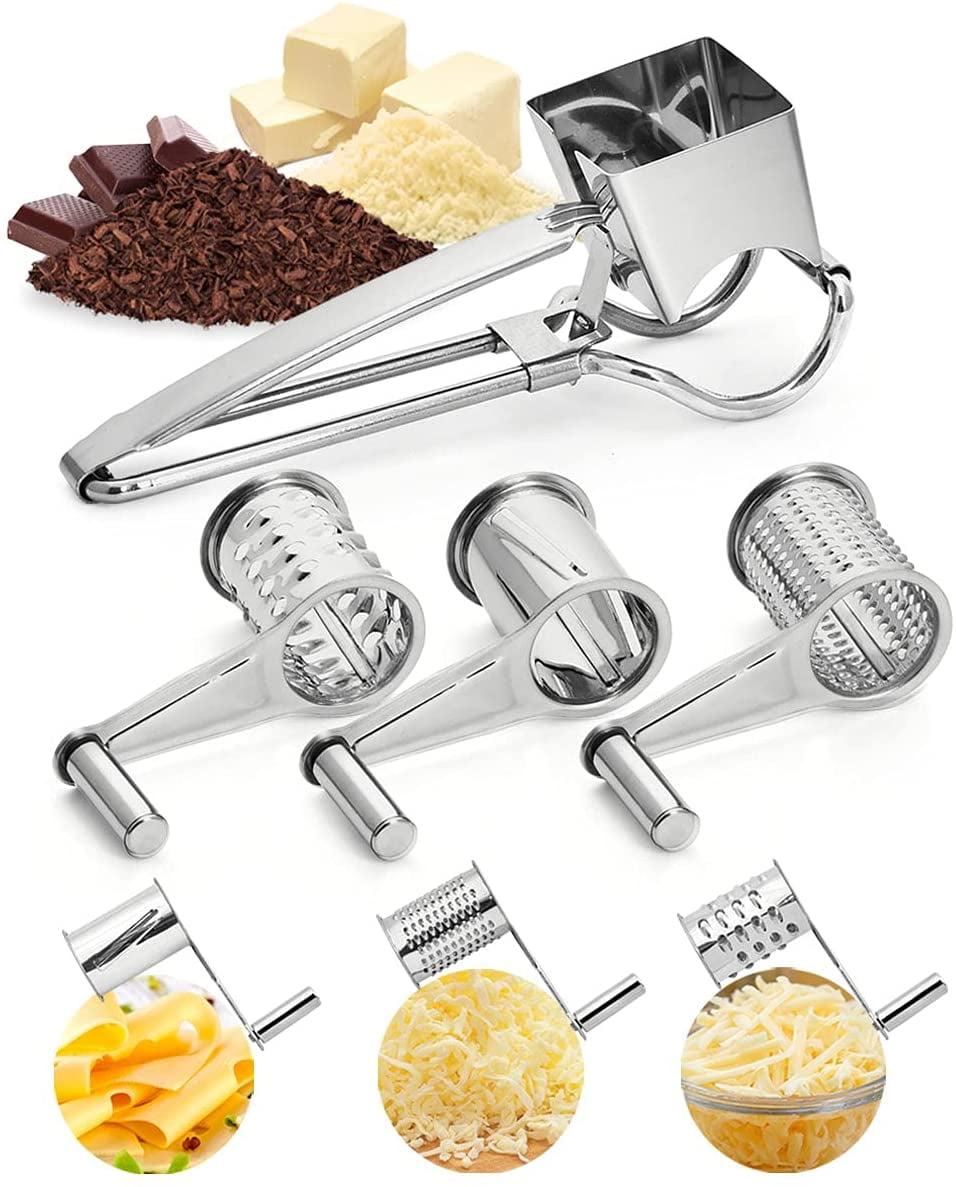 Stainless Steel Hand-Cranked Rotary Cheese Grater with 3 Blades