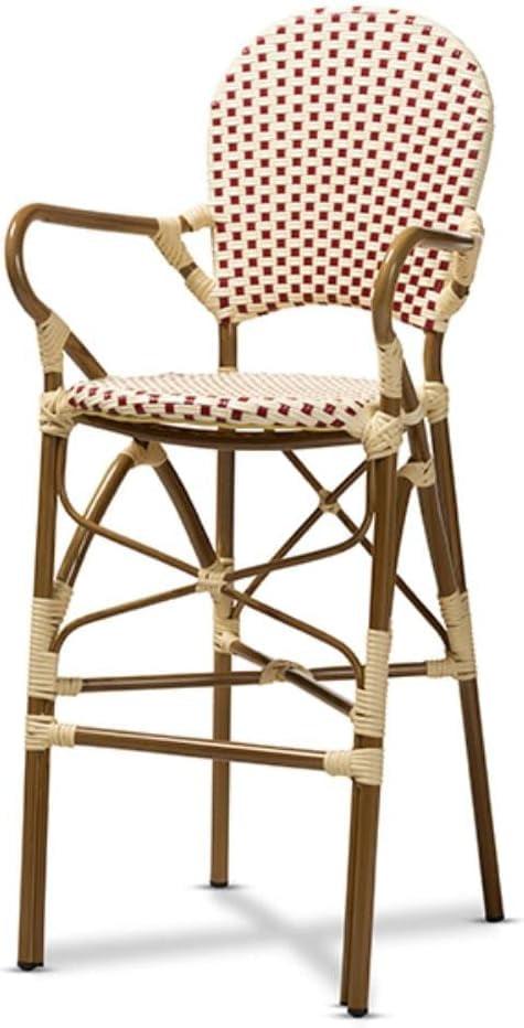 Beige and Red Woven Bamboo Style Bar Stool