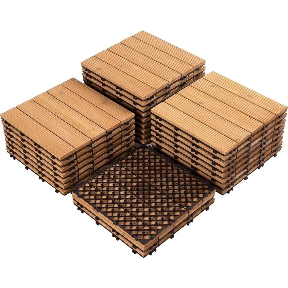 Natural Fir Wood Interlocking Deck Tiles for Outdoor Patio, 12 x 12in, Pack of 27