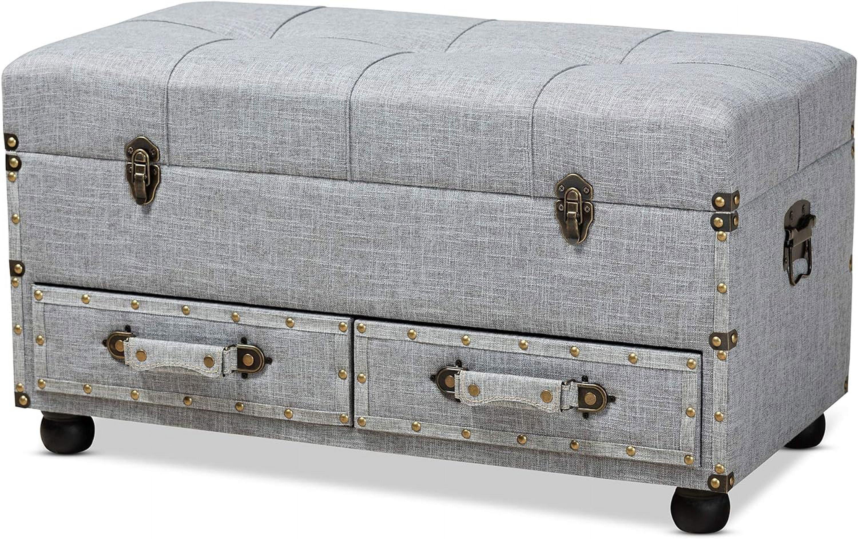 Grey Linen 32" Tufted Storage Ottoman with Antique Brass Accents