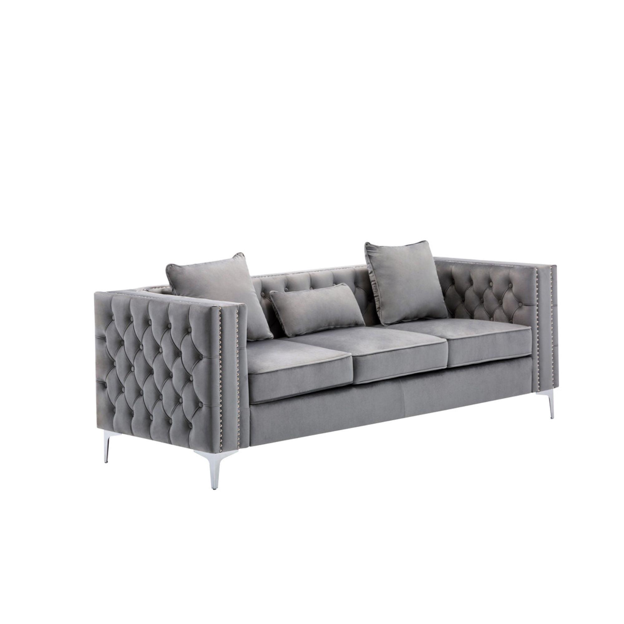 Lorreto 86" Gray Velvet Tufted Sofa with Nailhead Trim