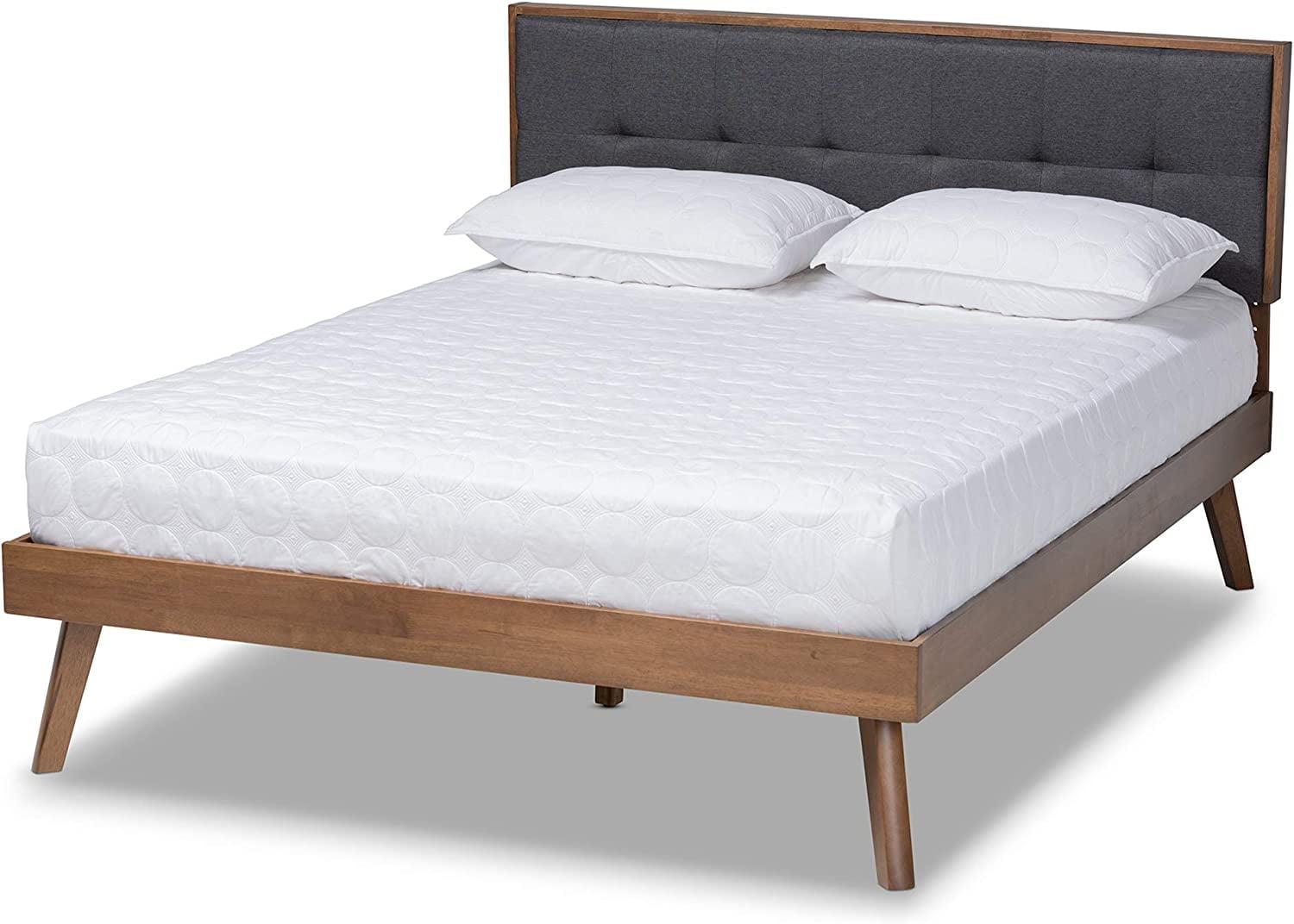 Alke Fabric Upholstered Walnut Finished Platform Bed - Baxton Studio